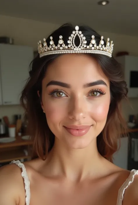 Arafed woman wearing a tiara taking a selfie in a kitchen, 18 years old, 2 ,  Profile photo ,   with professional makeup  , 2 , 2 , no blurry, 21 years old,  with the sun shining on it , 2 , primer plano cara, 30 year old woman