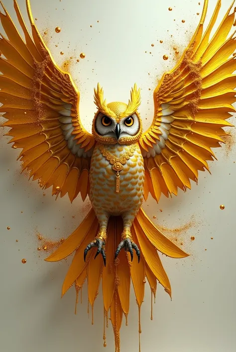 gold paint explosion over owl wings::1

liquid gold animal skin, feathers, with gold jewellery, photorealism no people::1


