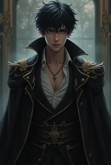 a 20-year-old, ruthless prince with short black hair. He should have a commanding, intense presence, reflecting his cruel nature. His attire should be regal and dark, adding to his imposing and seductive aura