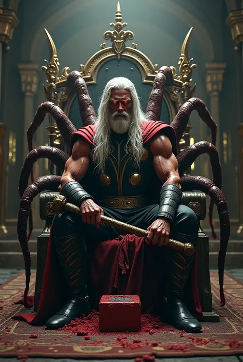 Marvel Thor, white long hair, Red eyes, in their back eight spider legs, with dark throne and red thunder hammer in golden dark castle 4k realistic, scary image 