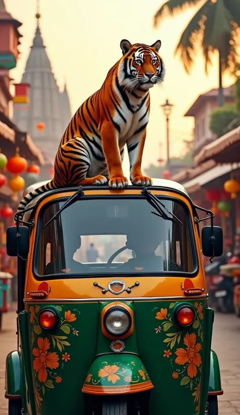 A majestic Bengal tiger with vibrant orange and black stripes is perched on top of a classic Indian auto-rickshaw. The rickshaw, painted in bright yellow and green with intricate floral designs, is parked on a bustling Indian street filled with vibrant mar...