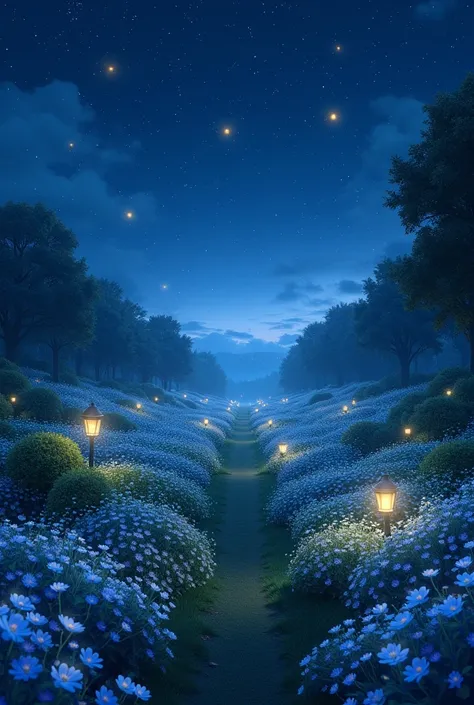 Vast  Garden at night  with forget me not and fireflies 