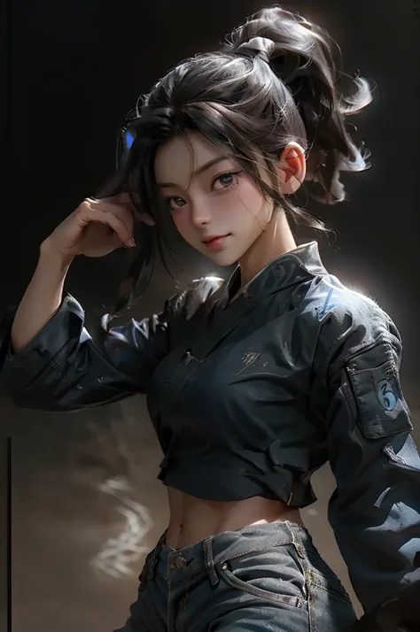 8k,younger sister,so beautiful(Like the real thing),Tightened, Muscular body,sexy,clear narrow eyes,black eye,Cool smile,Blue combat jacket,Black Shirt,Black combat pants,short,Compensate,Ultra-Realistic Skin,Compensate,masterpiece,Photorealistic RAW photo...