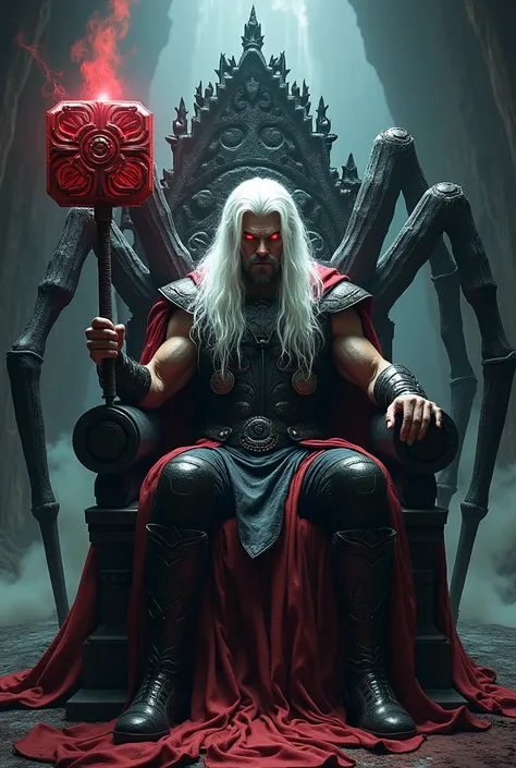 Marvel Thor, white long hair, Red eyes, in their back eight spider legs, with dark throne and red thunder hammer in dark castle 