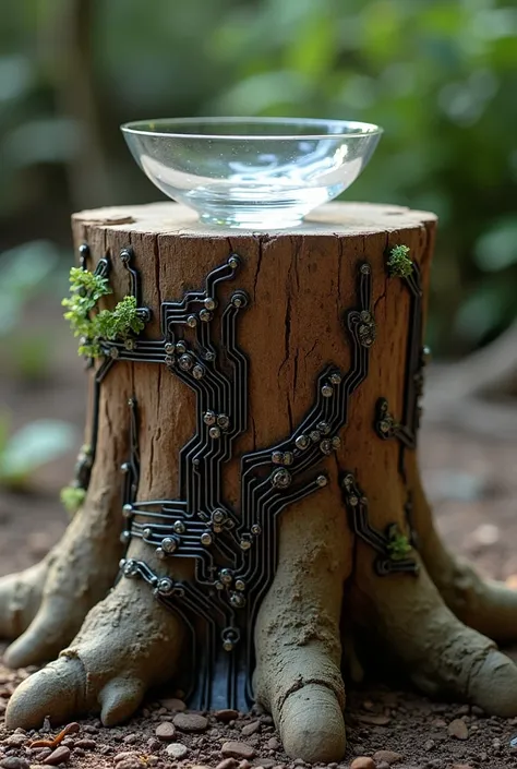 technology inspired tree stump with wireframe and a bowl on top that is beautiful. Infuse circuit lines and wire frames but keep it simple. Make it slightly rustic yet sophisticated. Make sure tech elements are visible. Integrate the idea of nature enhance...