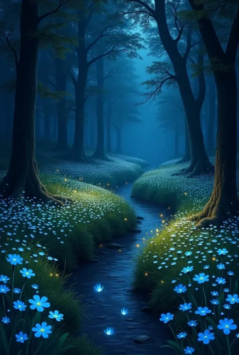 Forest at night  with forget me not and fireflies 