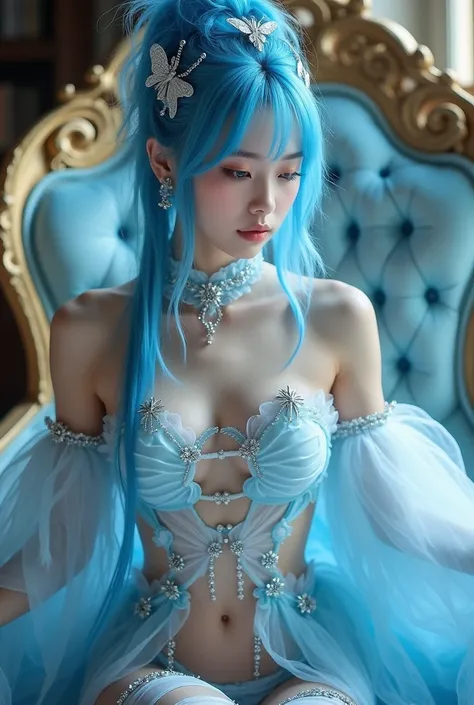 Beautiful Asian woman, 18 years 

a cosplayer dressed in an ethereal, fantasy-inspired costume. The individual has vibrant blue hair and is adorned with intricate silver accessories. Their outfit is a mix of soft blue and white hues, embellished with butte...