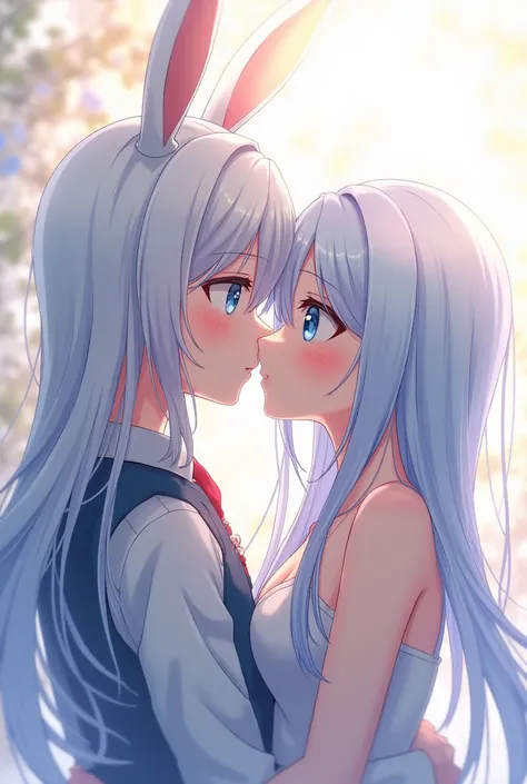 (long-haired, blue-eyed anime female with bunny ears) kisses the cheek of a (white-haired and blue-eyed anime male.)