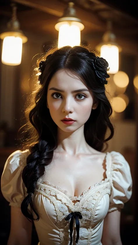 masterpiece, highest quality, 1girl, doll in Tim Burton style, long hair, surrealism, porcelain skin, delicate features, large expressive eyes, melancholy expression, ornate Victorian dress, dark whimsical atmosphere, atmospheric lighting, muted color pale...