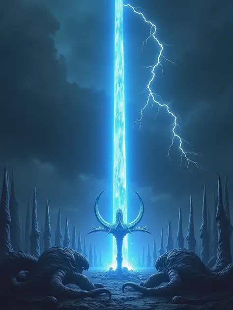 A huge blue glowing sword kills huge monsters full of tentacles，The monster fell to the ground，There are 10 giant black swords inserted on the ground ，The dark world of horror，Burning earth， Black lightning breaks down from the sky