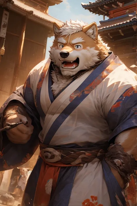 (masterpiece)，(Very detailed)，(best quality)，hairy，Shiba Inu，fur，white hair，Gray pupil，(Japan samurai costume)，((expression))，8k，(high quality)，(Ultra HD)，(Ultra Detailed)