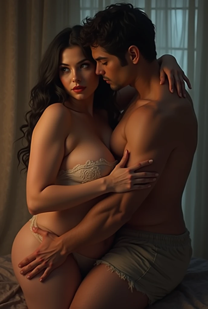 A plump thirty-four-year-old woman is very beautiful and very attractive with white skin, big and wide black eyes, long black hair, a curvy body and full breasts embraced from the back by a handsome 24-year-old boy with his hands on her waist 