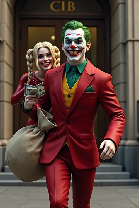 Joker wearing a red suit outfit alongside Harley quiin beautiful long hair braids 2 with a happy expression Out of the bank carrying a lot of money in the sack. realistic 3d