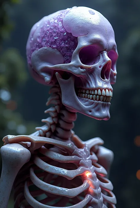 A fractured amethyst skeleton skull, with a detailed thoracic cage made from glowing obsidian, casting deep shadows. 8k resolution, Octane render.
