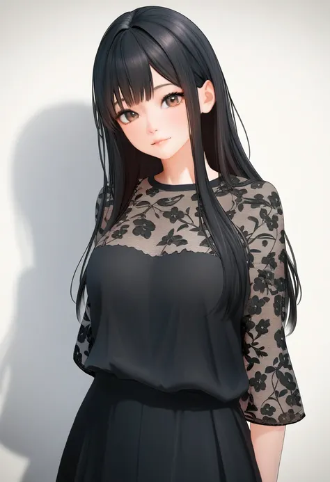 1girl, black hair, long hair, black shirt, black skirt, floral print, X3D, realistic, masterpiece, best quality, good quality, newest