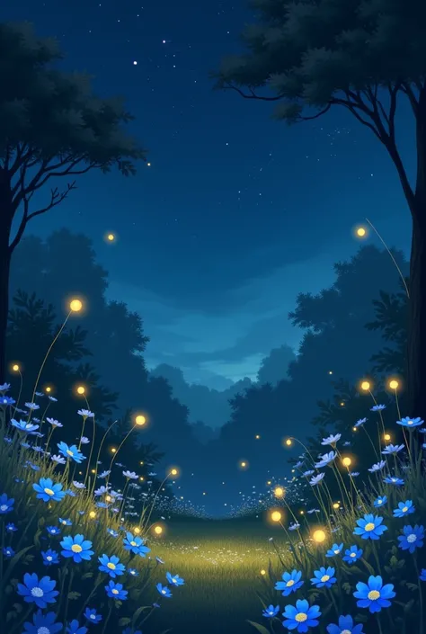 Beautiful garden with  forget me nots and fireflies  at night
