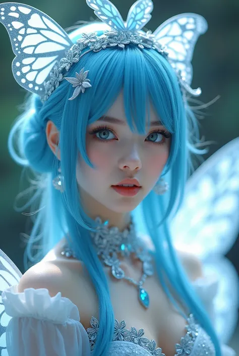 Beautiful Asian woman, 18 years 

a cosplayer dressed in an ethereal, fantasy-inspired costume. The individual has vibrant blue hair and is adorned with intricate silver accessories. Their outfit is a mix of soft blue and white hues, embellished with butte...