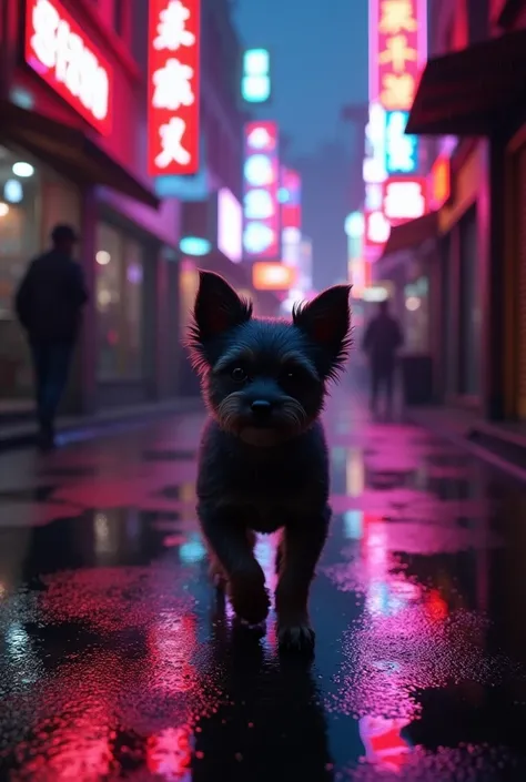 ((  Masterpiece ,  best quality,   Max Image ,  high definition ,  Photorealistic ,  RAW photos , Extremely detailed CG unified 8K wallpaper)), Back street in downtown at night , 小さな犬がIn the Rainを歩く, In the Rain、 Silhouette of a dog walking against blurry ...