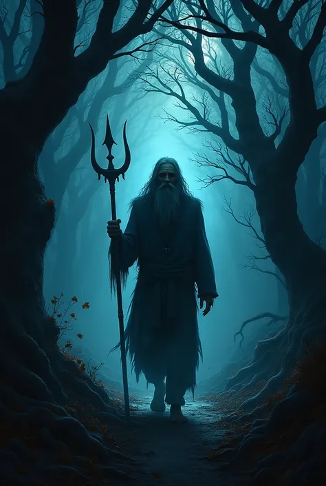 
An Aghori Baba entering a dense, dark forest at night, holding a trishul firmly in one hand. The forest is filled with twisted, eerie trees whose branches create haunting silhouettes against the barely visible night sky. The atmosphere is heavy with darkn...