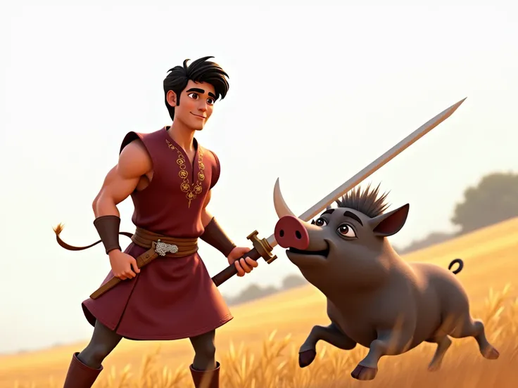 “A Pixar-style digital depiction of Bijan, a 30-year-old Iranian hero with large, expressive eyes and a strong, attractive appearance. He has fair skin and wears a dark red, sleeveless tunic with simple gold embroidery and a matching belt. A small, glitter...