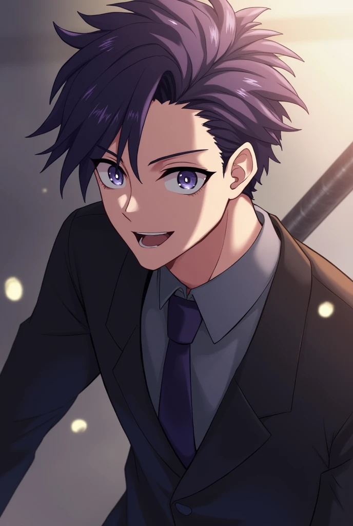  high resolution ,  symbolic eyes , White eyes,  heterochromatic pupil, Dark purple hair, Pointed ears, smile,  Anime Party Dress, Male, Tanned skin,  wearing black suit ,  close-up photography ,  flickering light , Stick the sword at the waist.,