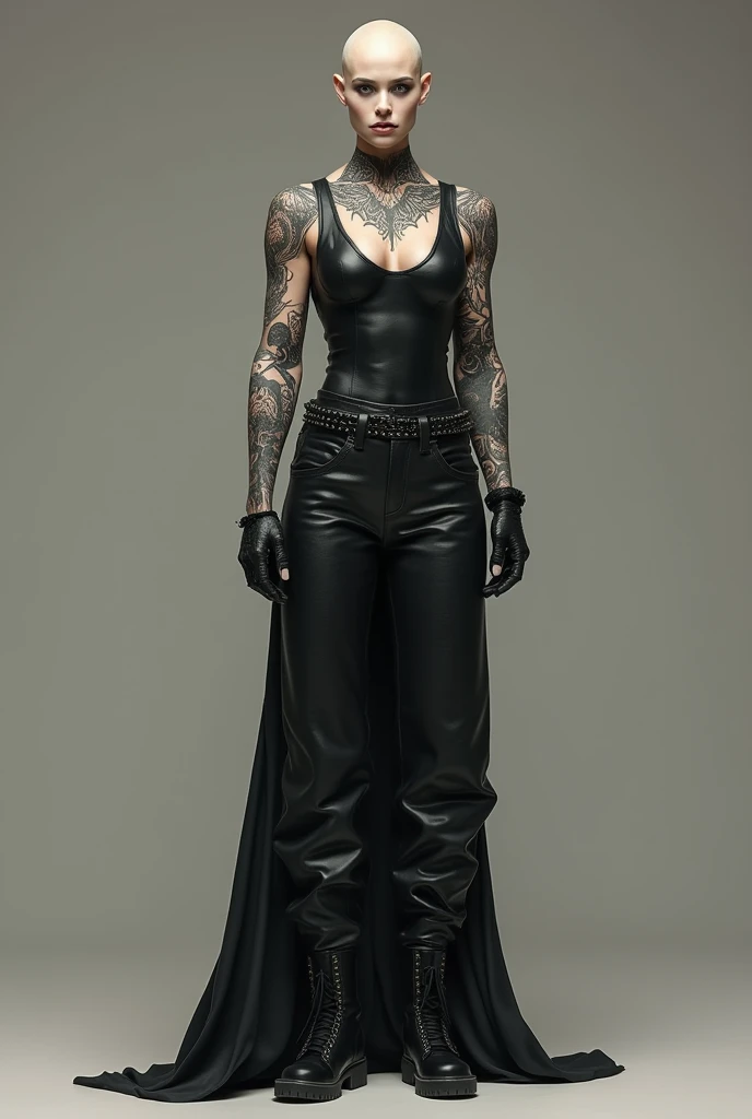 .

Gothic woman.
Bald.
Very tall.
Demon tattoos.
Very muscular.
Sleeveless black leather tank top.
Leather pants.
Black shoes.
Full-body image.
Ultra-realistic.

