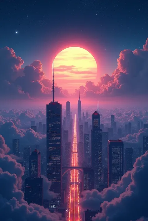 With the night sky, a huge sunset in a low position, and space in the background、Draw a vast cityscape as if it were a picture taken with a 360° camera。Clouds spread、 with skyscrapers and shining streetlights 、Intricate roads can be seen 。 is arranged so t...