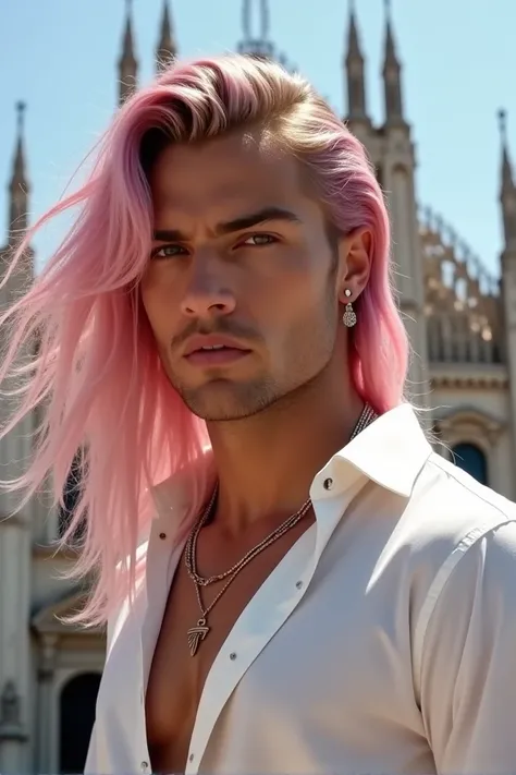 Real photo. Beautiful man, pink hair, very long hair, show forehead, sharp gaze, gentle smile, long earrings, white shirt, unbutton shirt, light muscles, behind him an Italian cathedral