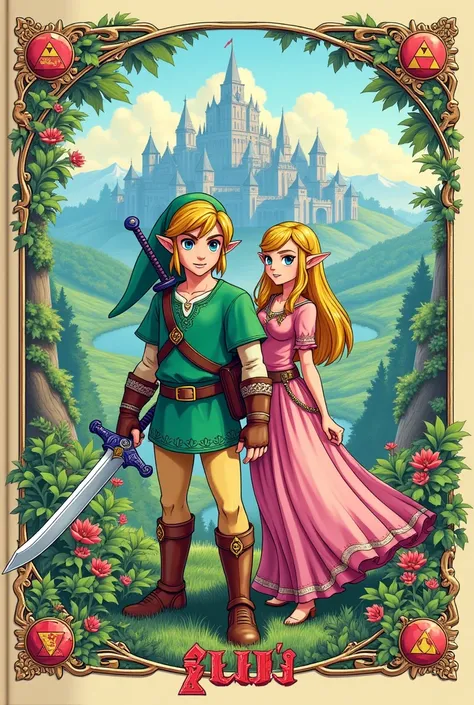 Generate me a cover  , a side and a back of a book to print .  The book is a coloring book on the Legend of Zelda theme with link and Zelda visible.  Its for a girl called Inaya  , you need the logo and text The Legend of Zelda .  You have to write Inaya w...