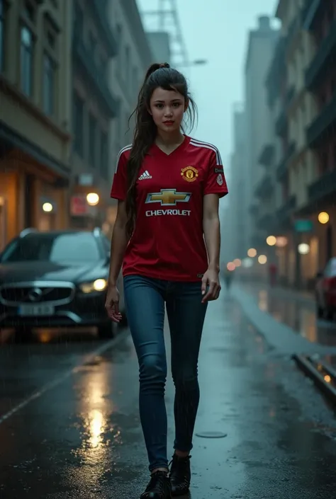 Extremely detailed,, 30 years old,, medium chests, medium buttocks, ponytail brown hair,, wearing Manchester united Jersey,fit denim jeans, face look frustated, walking alone at the city streets, full body pose, heavy rainy night,,