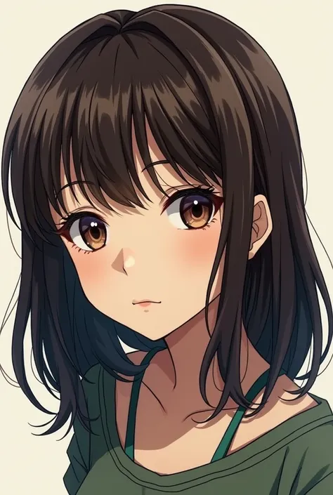  a girl similar to Sayu Yagami from Death Note ( big brown eyes , side bangs,  medium length hair , Dark brown,) Pretty tender  :3 BUT SHES A WOMAN, SHE DOESNT GET 19 YEARS OLD, but kind of in the mangas drawing style/ anime blue period 