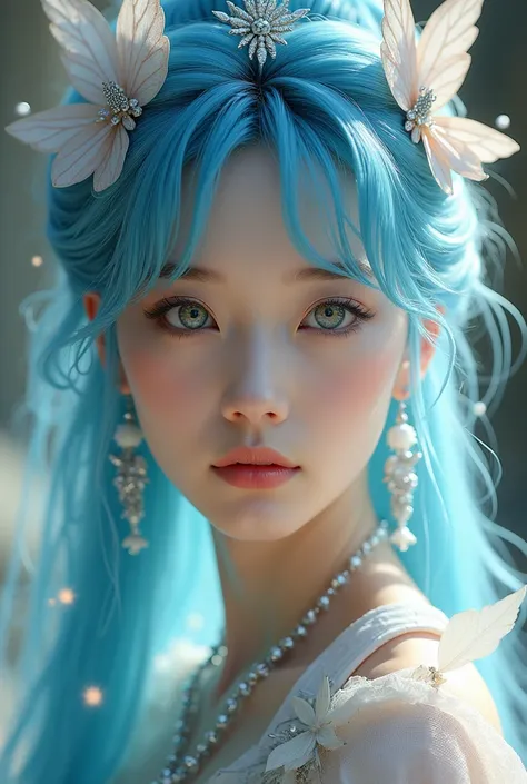 Beautiful Asian woman, 18 years 
 
a cosplayer dressed in an ethereal, fantasy-inspired costume. The individual has vibrant blue hair and is adorned with intricate silver accessories. Their outfit is a mix of soft blue and white hues, embellished with butt...