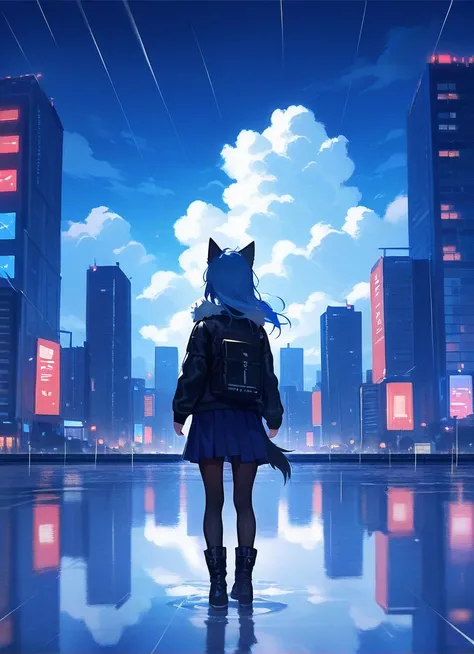 score_9,score_8_up,score_7_up,1girl,animal ears,cloud,outdoors,sky,long hair,scenery,cloudy sky,building,rain,skirt,solo,bag,cityscape,boots,reflection,city,standing,from behind,dog,pantyhose,skyline,facing away,tail,long sleeves,blue theme,water,skyscrape...