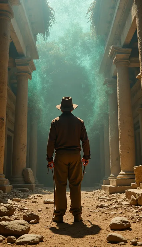 inside very mysterious dark beautiful ancient city.The elaborately built city conveys its former glory. Dutch angle, supernatural phenomena happening. also futuristic. Indiana Jones(Harrison Ford, movie character, wearing fedora hat, leather whip, black le...