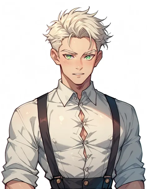 ( cartoon ) ,human Male , whiter Tied  hair Style   , Green pupils    , white shirt Buttons  ,Suspenders 