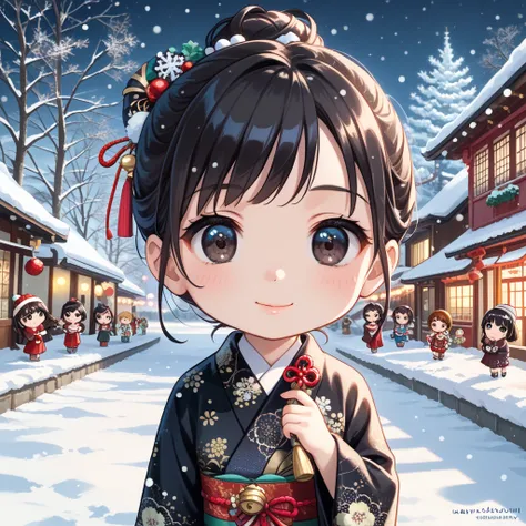 (1 Chibi Girl, Alone:1.3), cute,  big lowered eyes, ( dark eyes:1.1), ( black hair:1.1), Hair Bun,
Detective style kimono ,  New Years ink painting ，Kagami mochi，New Year&#39;s pine decoration，snow，
 Dynamic Angle , Dynamic Lighting, pastel, (  Masterpiece...