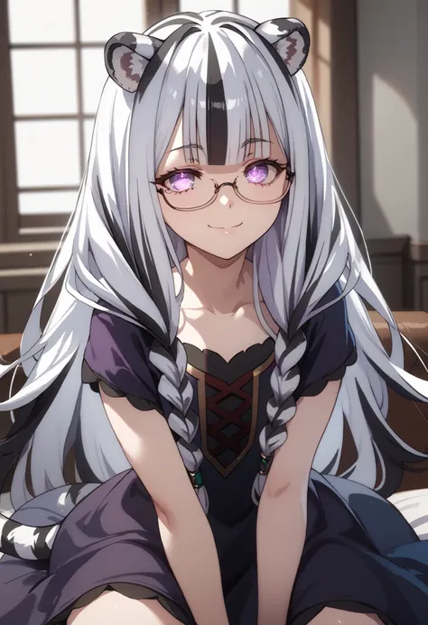 ((masterpiece)), 1girl, solo, long hair, white tiger ears, white tiger tail, open eyes, purple eyes, glowing eyes, white hair, black hair, multicolored hair, purple dress, black dress, multicolored dress, yandere theme, manic smile, wearing glasses.