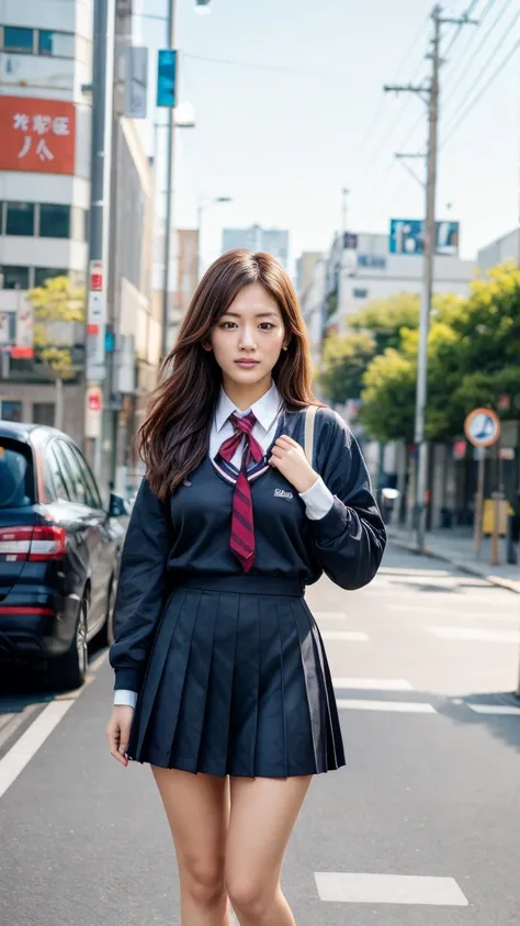 a beautiful 18 year old Japanese high school girl with perfect anatomy, healthy thighs, beautiful legs, beautiful skin, random hair color and style, large breasts, (wearing a Japanese schoolgirl uniform:1.3), holding a student bag, full body shot, standing...