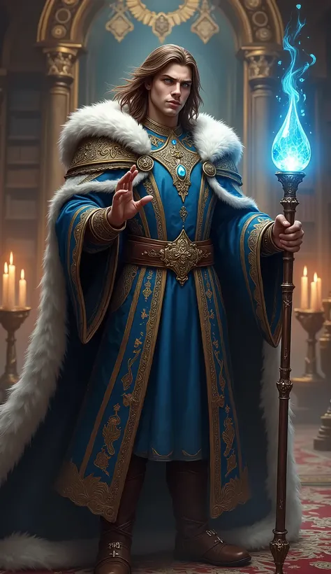 Create a highly detailed image of a powerful Magician-King in a fantasy Dungeons & Dragons style. He should exude strength and royalty, standing tall with a commanding presence. The Magician-King has flowing brown hair that cascades down his shoulders, fra...