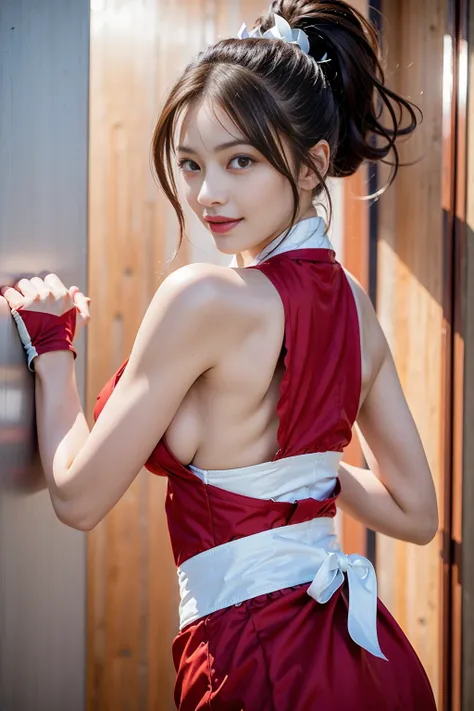 Mai Shiranui  ,  Brown Eyes  ,  Japanese beauty,smileLong hair, brown hair, (  red clothes:1.3),super,  sleeveless,  ponytail ,  pelvic curtains ,  arm guard , Gloves, or,fulls chest , sductiveexpression , Sexy Eyes,, smile, Wonderful ,  viewer, Long hair,...