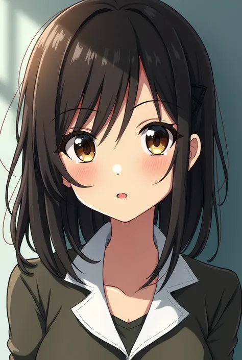  a girl similar to Sayu Yagami from Death Note ( big brown eyes , side bangs,  medium length hair , Dark brown,) Pretty tender  : 3 but kind in the cartoon style of the manga / anime blue period is a woman who is like 19 years old but her hair is tidy okei...