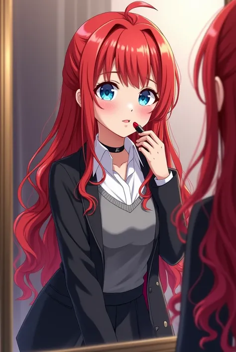 A beautiful anime girl with long red curly hair.  She has piercing blue eyes . She is wearing a black skirt and a white shirt.  She is wearing a grey jumper.  She is wearing a black blazer.  She has big boobs.  She is applying lipstick on her lips  in the ...