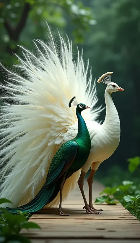 A white peacock and a green peahen doing a cat walk