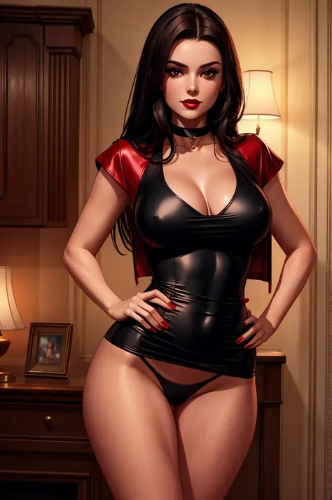 A beautiful young woman with long, dark hair wearing a sexy red minidress, red lipstick, a choker necklace, and panties, full body shot, extremely detailed, cinematic lighting, photorealistic, 8k, high quality, masterpiece