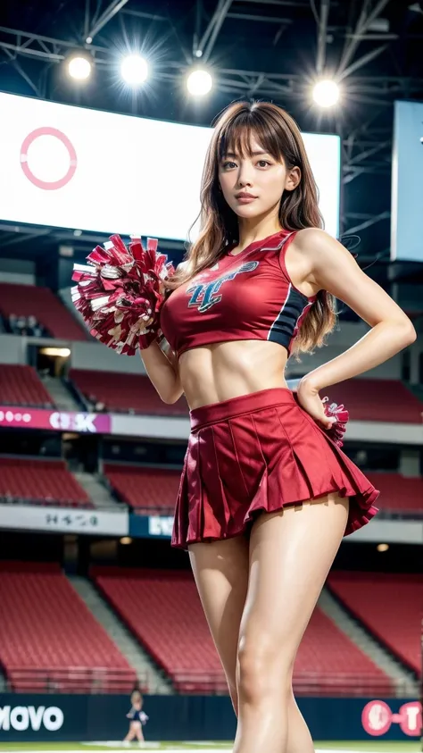 A beautiful young Japanese woman, 20 years old, with perfect anatomy, healthy thighs, beautiful feet, flawless skin, random hair color and style, large bust, wearing a cheerleader uniform with micro-pleated miniskirt, in a full-body shot, standing in a sta...