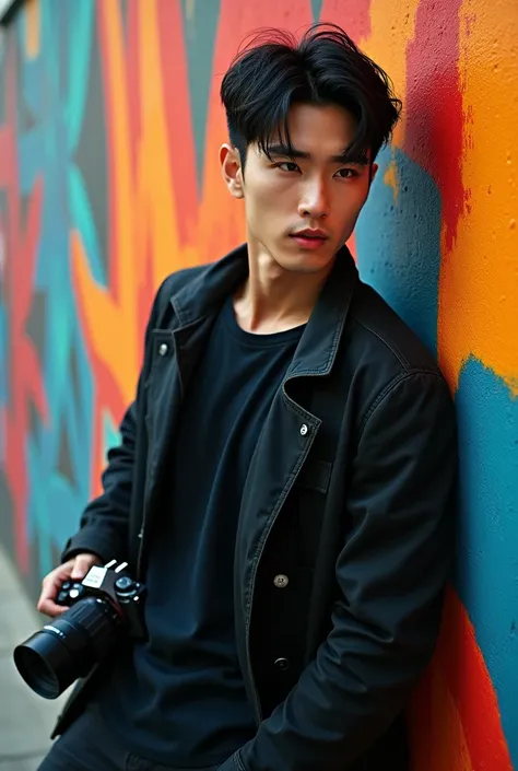 Handsome Korean guy with short hair random black color wearing jaz holding camera leaning on wall full of streaks