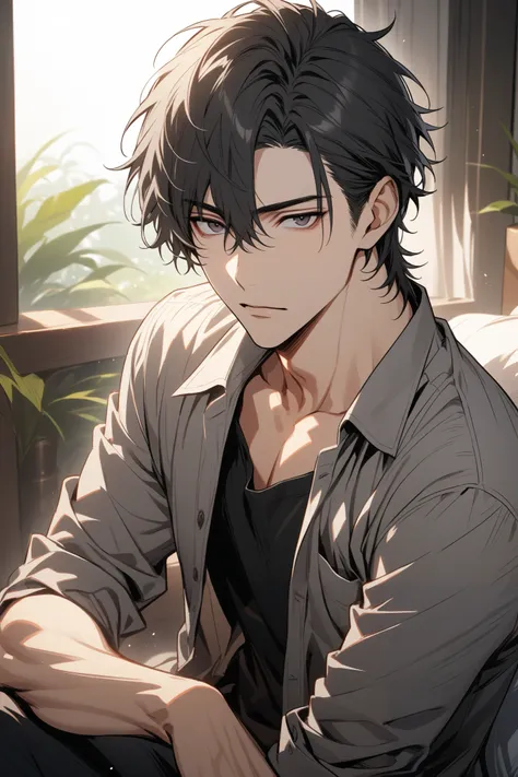 man, handsome, short black hair, dark eyes, shirt