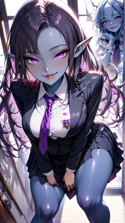 1 young, beautiful dark elf woman,( best quality, very detailed depiction , Incredibly Absurd Hi-Res),( school uniform:1.3, High School Uniform Blazer ,Uniform shirt, high school uniform long skirt,Purple tie, High Socks,Shoes),( purple eyes, half closed e...