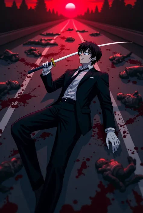 Anime style, view from higher place, in middle of the road, night time, red view of the sky, 1man, black suit,wearing glasses, white handkerchief, wore white gloves, his left eye glowing dark blue, lie down while holding white katana, blood splattered ever...