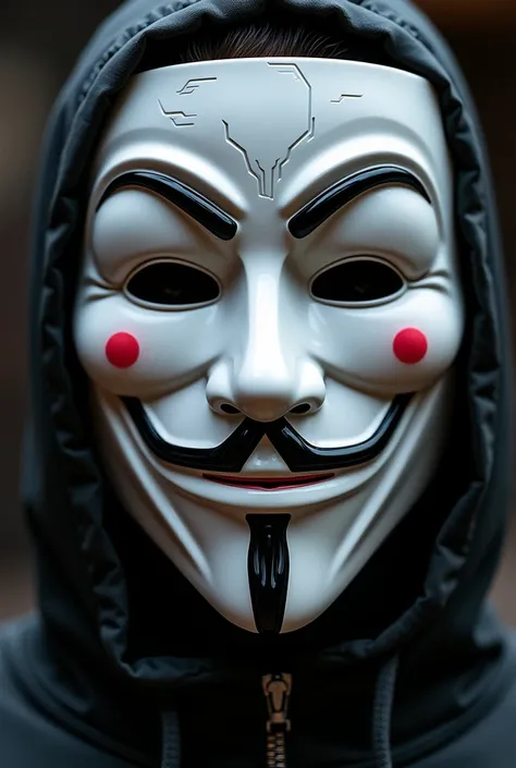  create a hacker mask  , Plastic  ,  white for hacker ,exclusive ,  mix of V for Vengeance and Ghost Face with a sarcastic smile, droopy eyes, Made with details of electronic circuits 